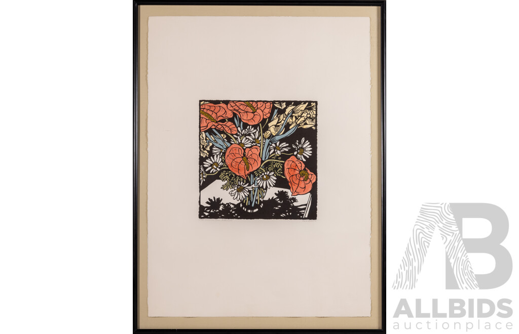 David Preston, (20th Century, Australian, 1948-), Greenwich Series -  Anthuriums (1990), Beautiful Signed Hand Coloured Linocut, 85 x 65 cm (frame)