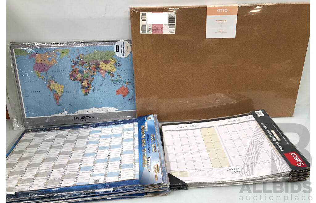2025/2026 Financial Planners, Cork Boards and World Map Desk Mats - Lot of 21 - Brand New