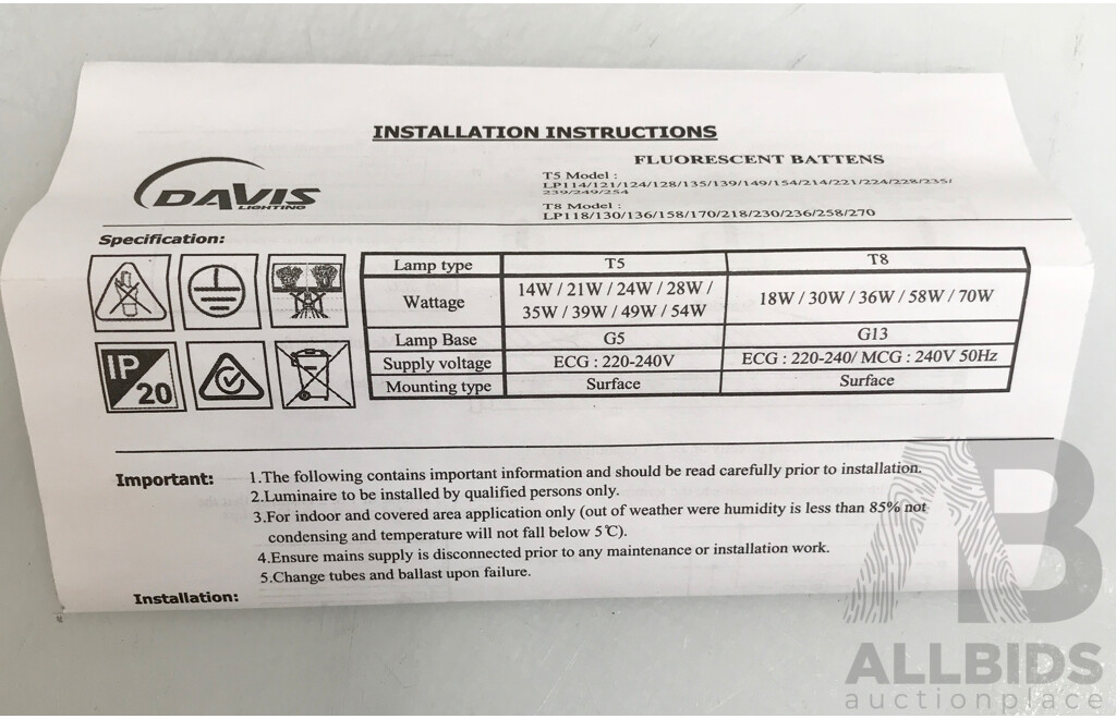 Davis Lighting (LP136EL) Fluorescent Batten Bare Tube - Lot of 3