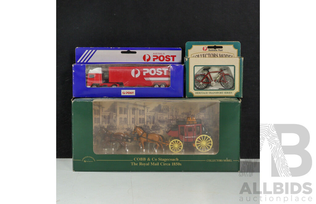 Matchbox Diecast Cobb & Co Stagecoach, with Australia Post Semi Trailer and Pushbike