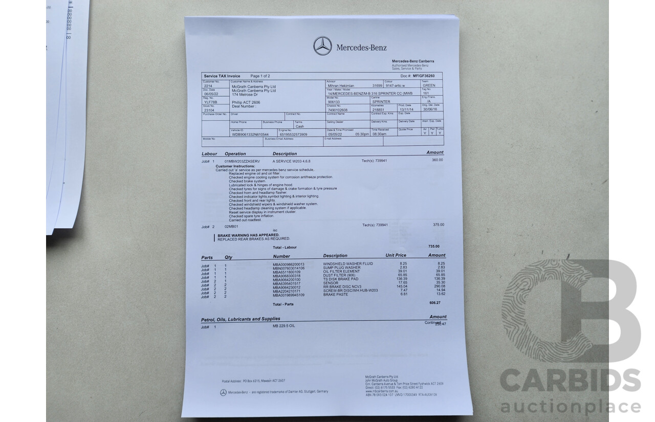 03/2015 Mercedes-Benz Sprinter 316 CDI Medium Wheelbase Auto MY14 2d White 2.1L