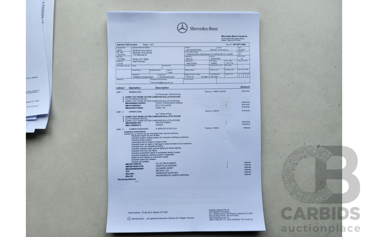 03/2015 Mercedes-Benz Sprinter 316 CDI Medium Wheelbase Auto MY14 2d White 2.1L