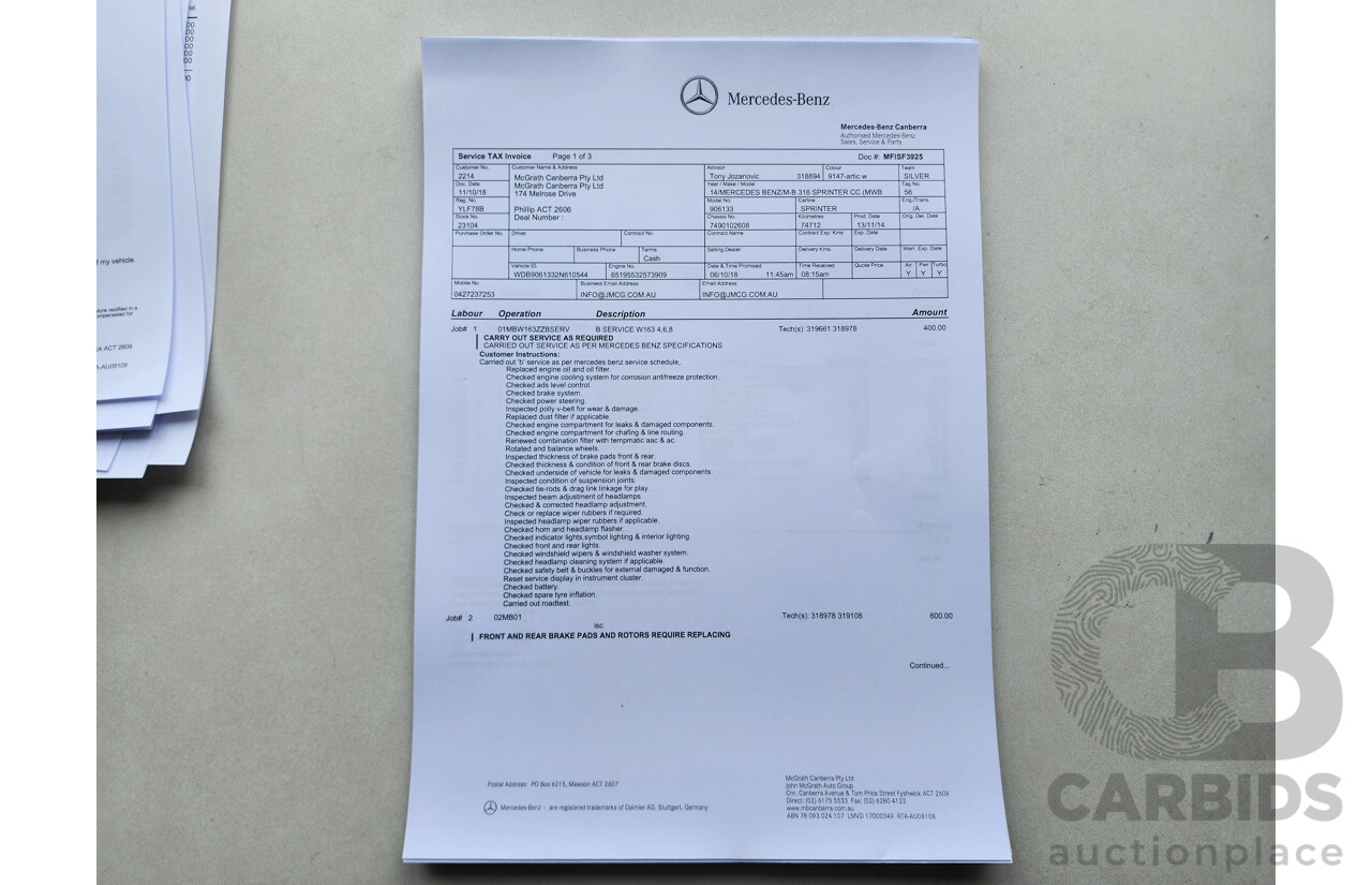 03/2015 Mercedes-Benz Sprinter 316 CDI Medium Wheelbase Auto MY14 2d White 2.1L