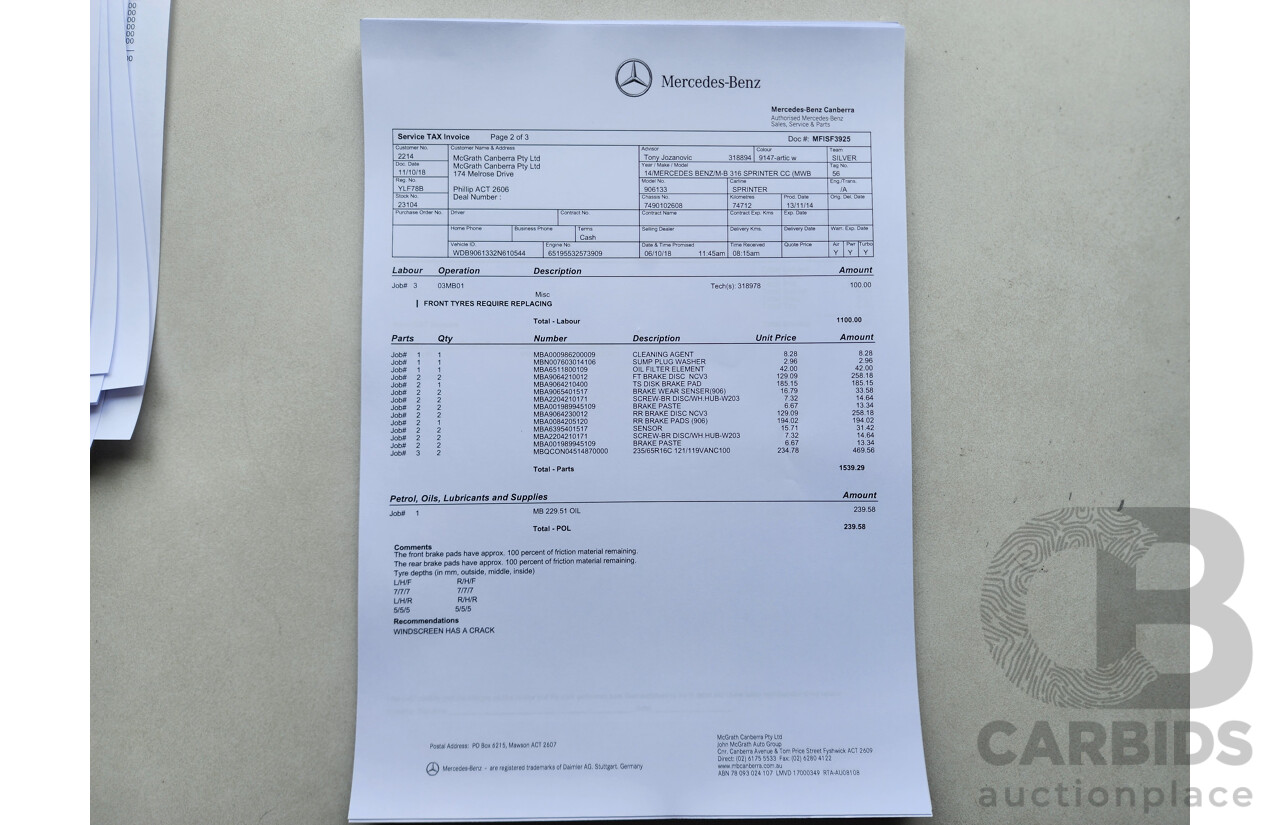 03/2015 Mercedes-Benz Sprinter 316 CDI Medium Wheelbase Auto MY14 2d White 2.1L