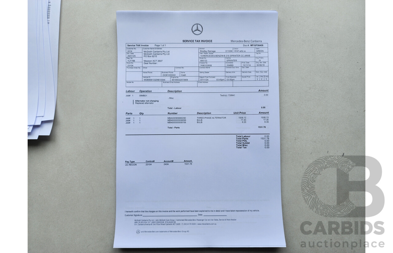 03/2015 Mercedes-Benz Sprinter 316 CDI Medium Wheelbase Auto MY14 2d White 2.1L