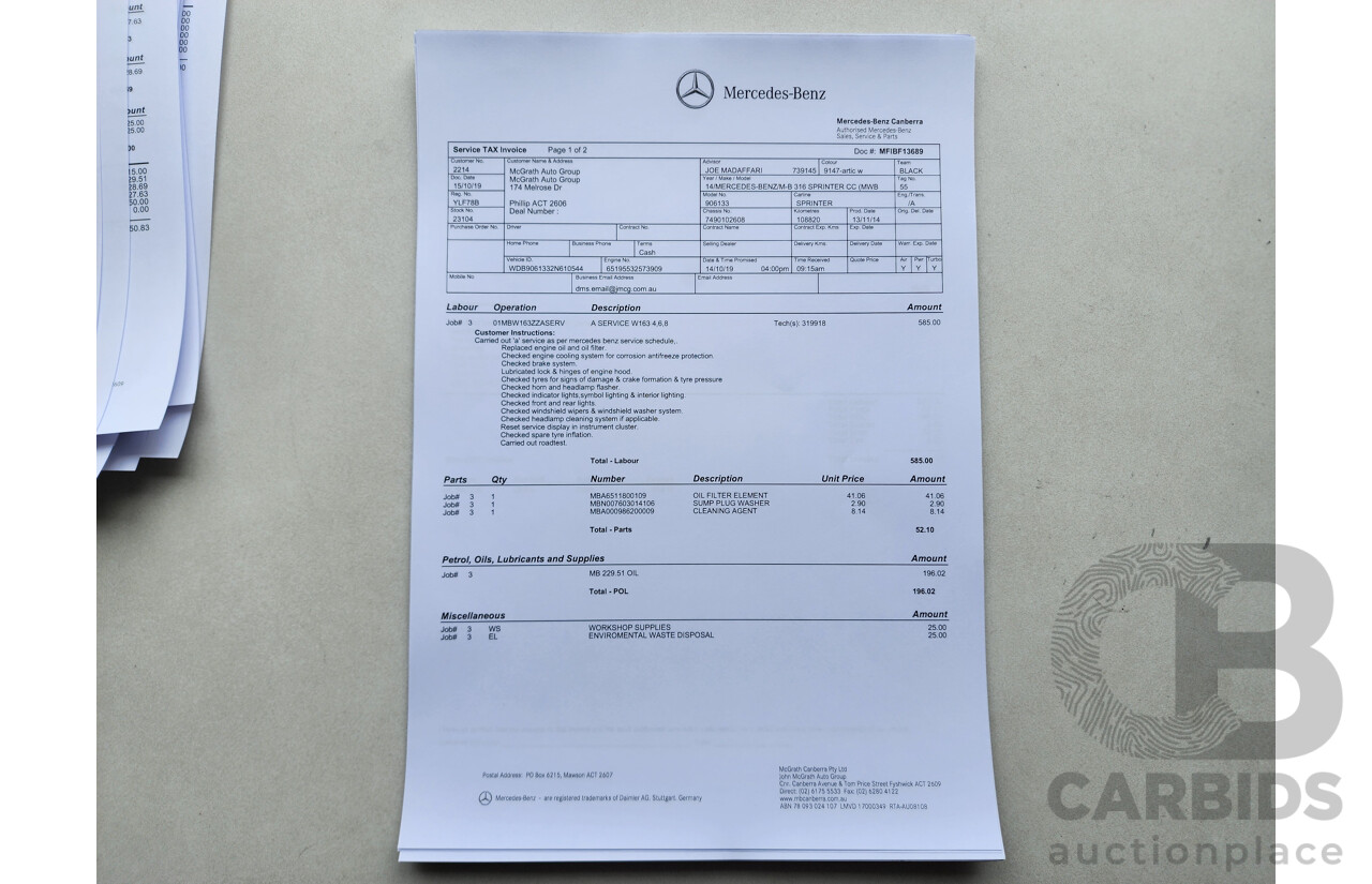 03/2015 Mercedes-Benz Sprinter 316 CDI Medium Wheelbase Auto MY14 2d White 2.1L