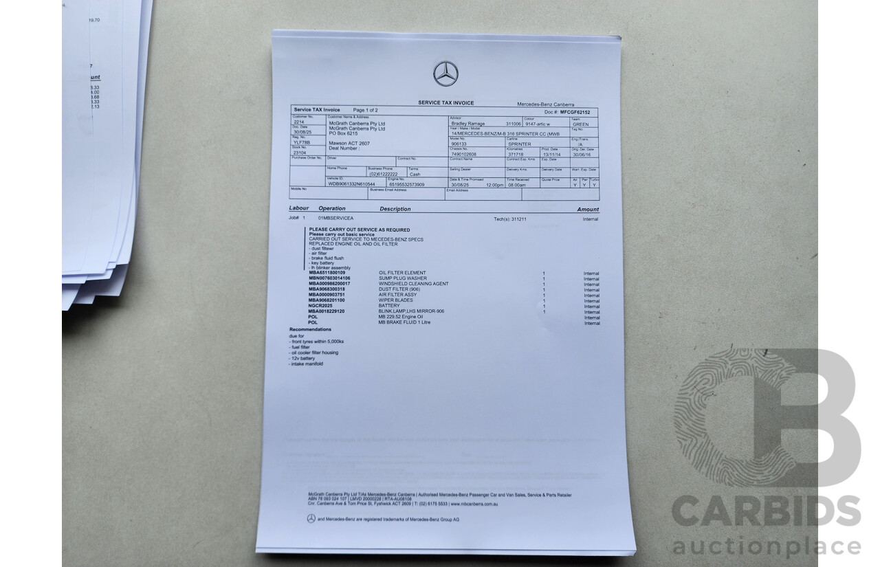 03/2015 Mercedes-Benz Sprinter 316 CDI Medium Wheelbase Auto MY14 2d White 2.1L