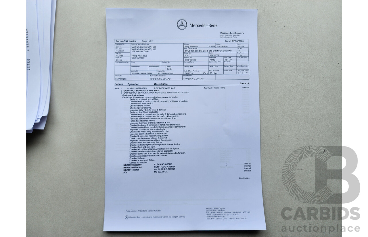 03/2015 Mercedes-Benz Sprinter 316 CDI Medium Wheelbase Auto MY14 2d White 2.1L