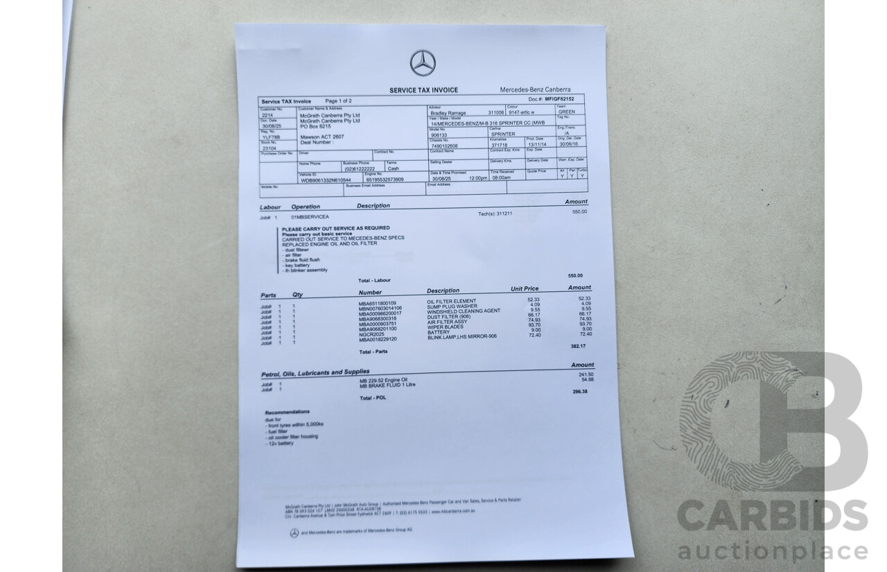 03/2015 Mercedes-Benz Sprinter 316 CDI Medium Wheelbase Auto MY14 2d White 2.1L