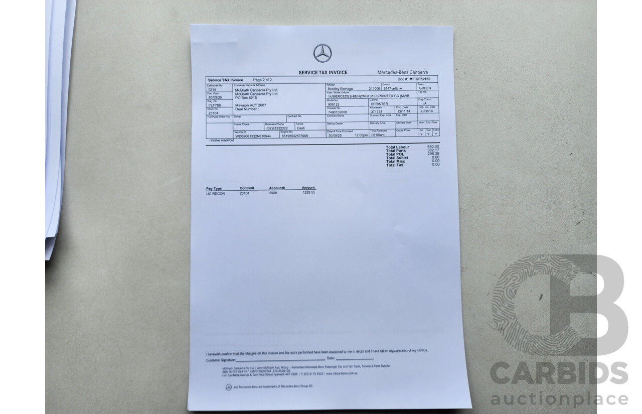 03/2015 Mercedes-Benz Sprinter 316 CDI Medium Wheelbase Auto MY14 2d White 2.1L