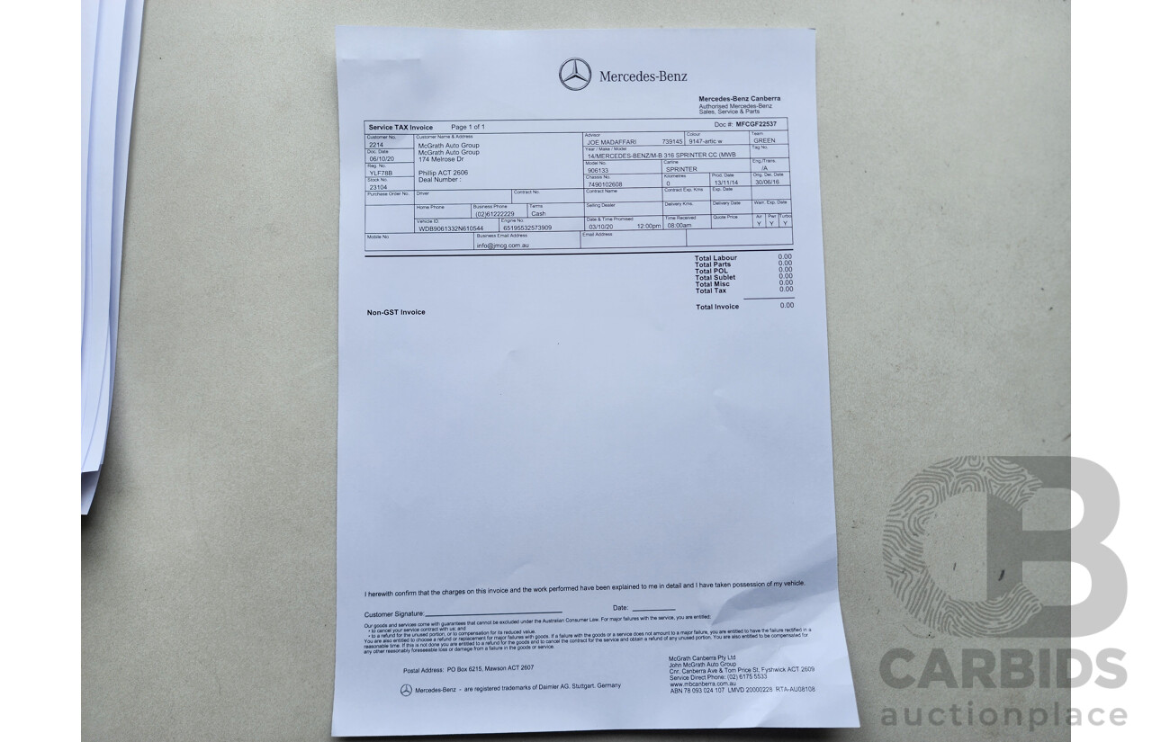 03/2015 Mercedes-Benz Sprinter 316 CDI Medium Wheelbase Auto MY14 2d White 2.1L