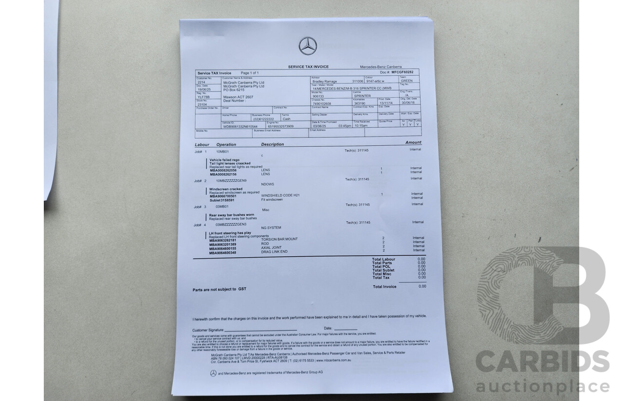 03/2015 Mercedes-Benz Sprinter 316 CDI Medium Wheelbase Auto MY14 2d White 2.1L