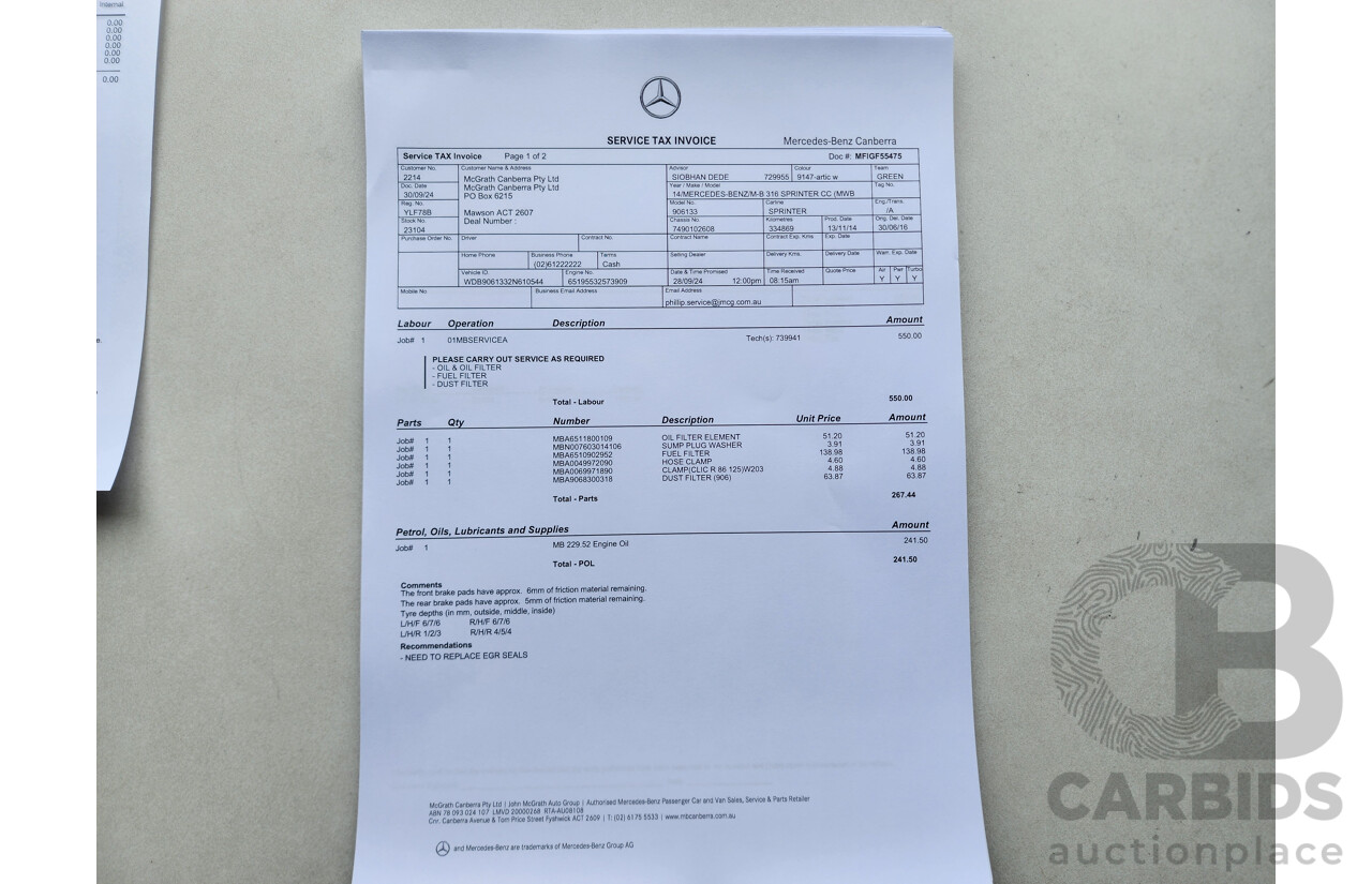 03/2015 Mercedes-Benz Sprinter 316 CDI Medium Wheelbase Auto MY14 2d White 2.1L