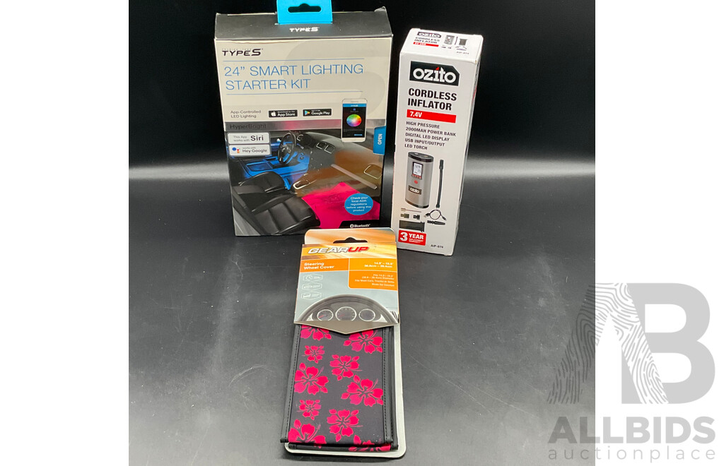 Type S 24'' Smart Lighting Starter Kit, Ozito Cordless Inflator and Gearup Steering Wheel Cover