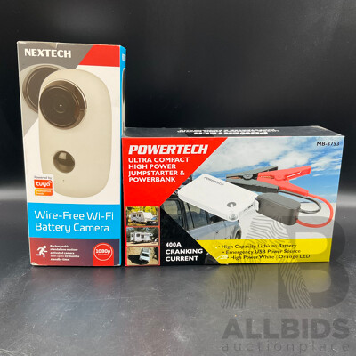 Nextech Wire-Free Wifi Battery Camera and Powertech Jumpstarter and Powerbank