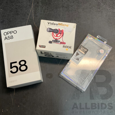 OPPO A58 Smart Phone & Rode Video Micro & Clear Phone Case for Galaxy A15 - Lot of 3