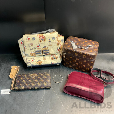 GUESS Long Brown Wallet and Assorted Bags and Bracelet - Lot of 5