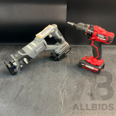OZITO PXDDS-201 Cordless Drill Driver & FERREX Reciprocating Saw with Batteries - Lot of 2