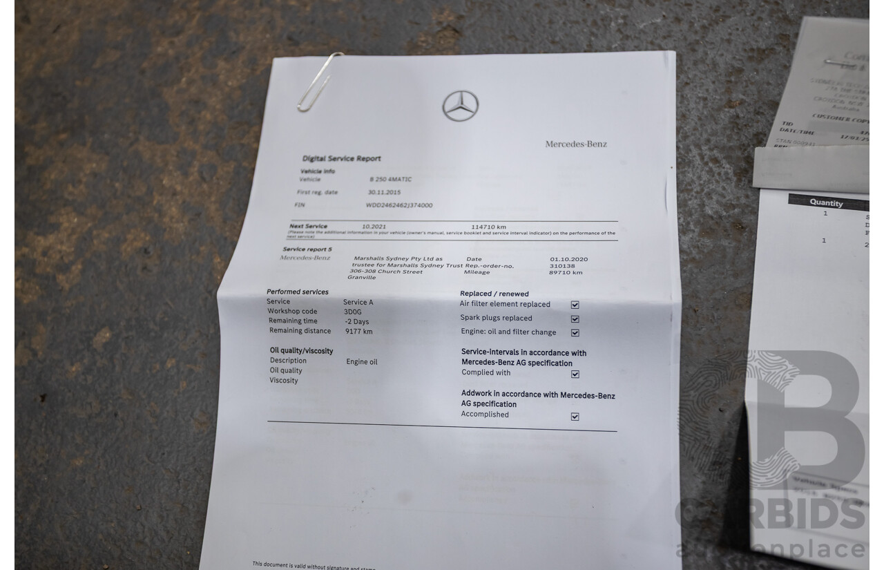 11/2015 Mercedes-Benz B250 4MATIC (AWD) 246 MY15 5D Hatchback Mountain Grey Metallic Turbo 2.0L