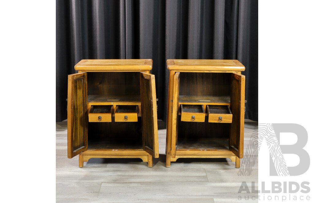 Pair of Chinese Elm Two Door Bedside Cabinets