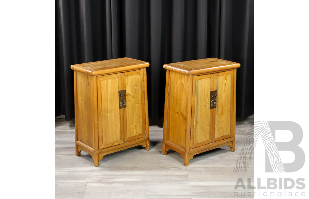 Pair of Chinese Elm Two Door Bedside Cabinets