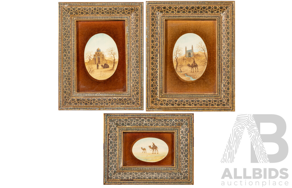 Artists Unknown (20th Century, Persian School), Camels in Desert, Trio of Original Vintage Miniatures of Coloured Ink on Panels in Khatam Frames, 26 x 20 cm (frames largest) (3)