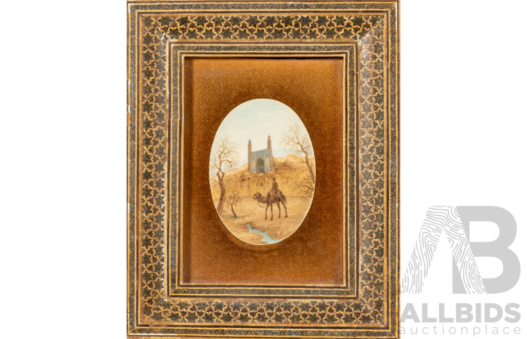 Artists Unknown (20th Century, Persian School), Camels in Desert, Trio of Original Vintage Miniatures of Coloured Ink on Panels in Khatam Frames, 26 x 20 cm (frames largest) (3)