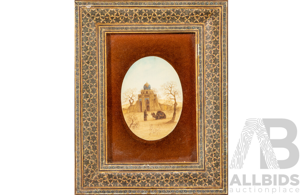 Artists Unknown (20th Century, Persian School), Camels in Desert, Trio of Original Vintage Miniatures of Coloured Ink on Panels in Khatam Frames, 26 x 20 cm (frames largest) (3)