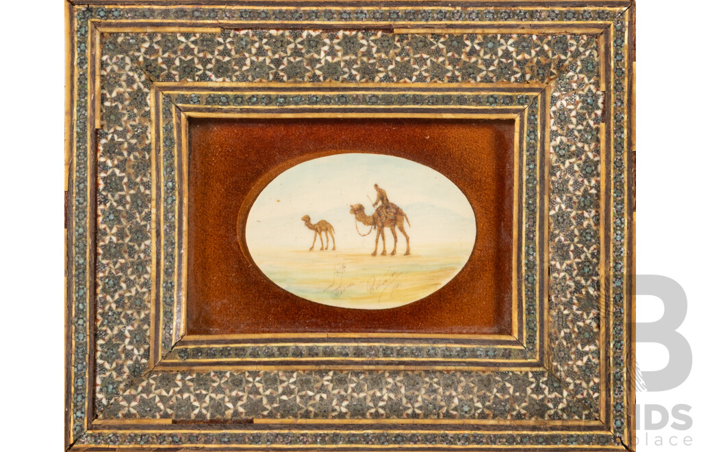 Artists Unknown (20th Century, Persian School), Camels in Desert, Trio of Original Vintage Miniatures of Coloured Ink on Panels in Khatam Frames, 26 x 20 cm (frames largest) (3)