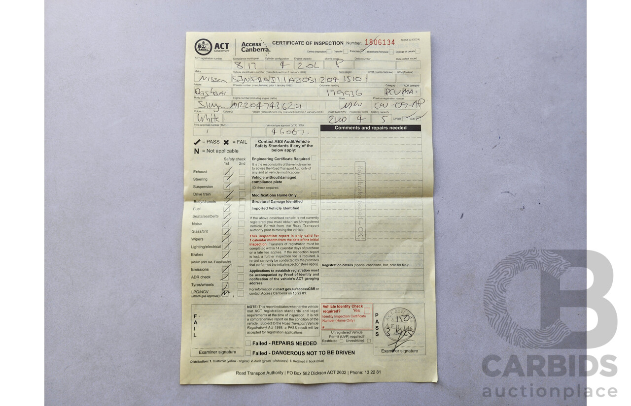 8/2017 Nissan Qashqai TI (4x2) J11 4d Wagon White 2.0L