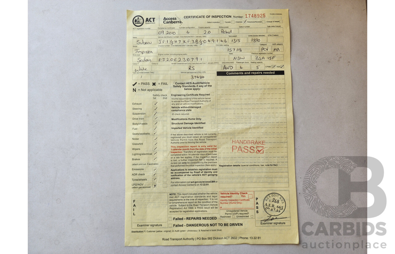 9/2010 Subaru Impreza RS (awd) MY11 5d Hatchback White 2.0L