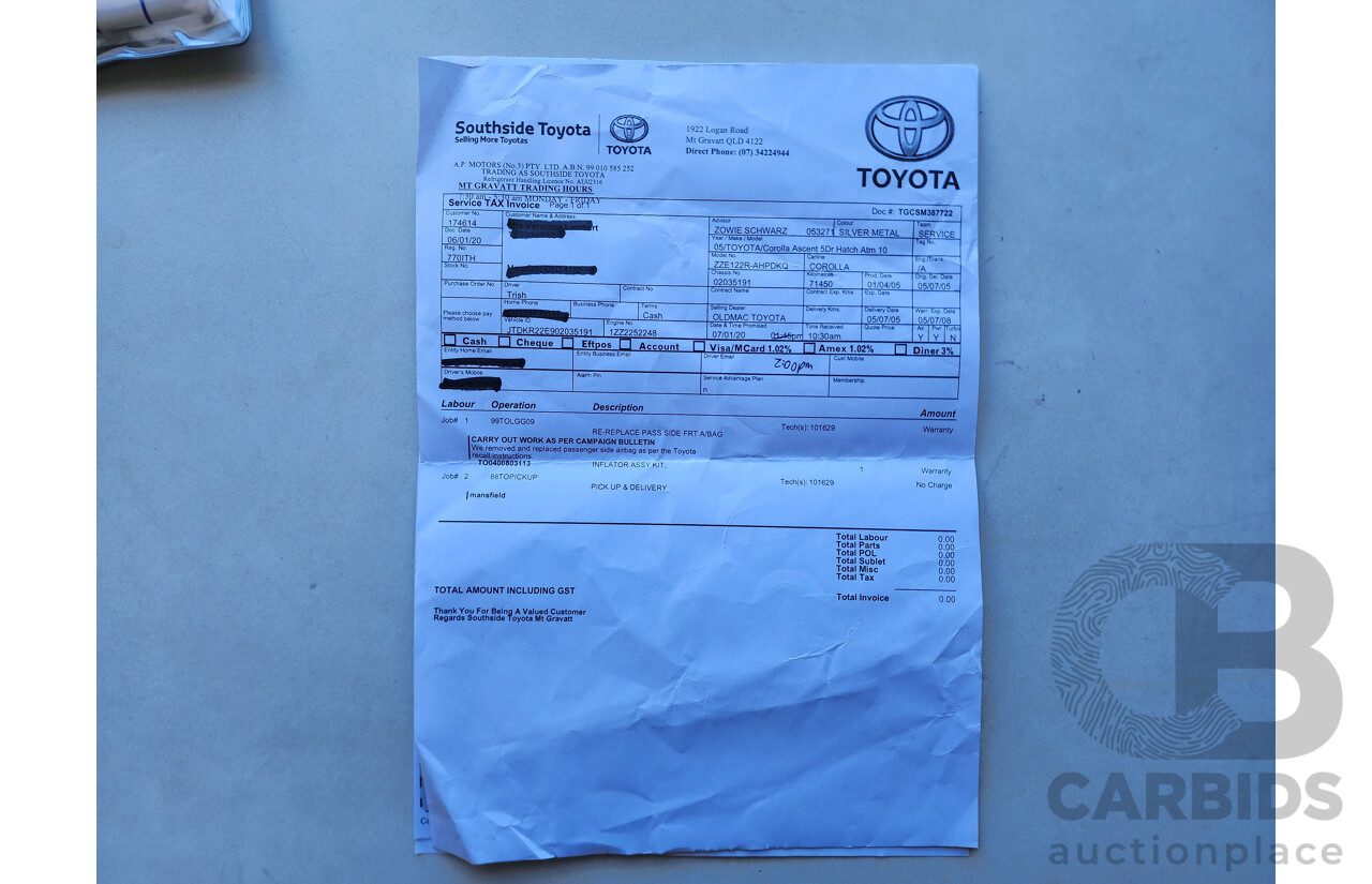 5/2005 Toyota Corolla Ascent SECA ZZE122R 5d Hatchback Silver 1.8L