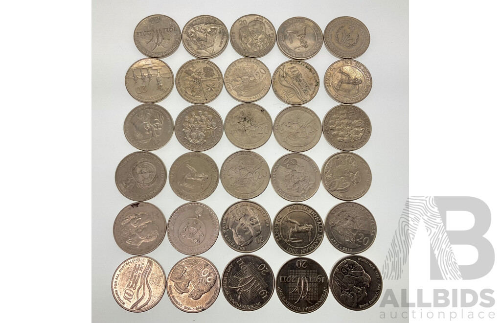Thirty Australian Commemorative Twenty Cent Coins Including 2016 Fifty Years Decimal Currency, 2011 Year of Volunteers, 2001 Federation, 2011 Women's Day, 2015 Last Post, 2003 Volunteers and More