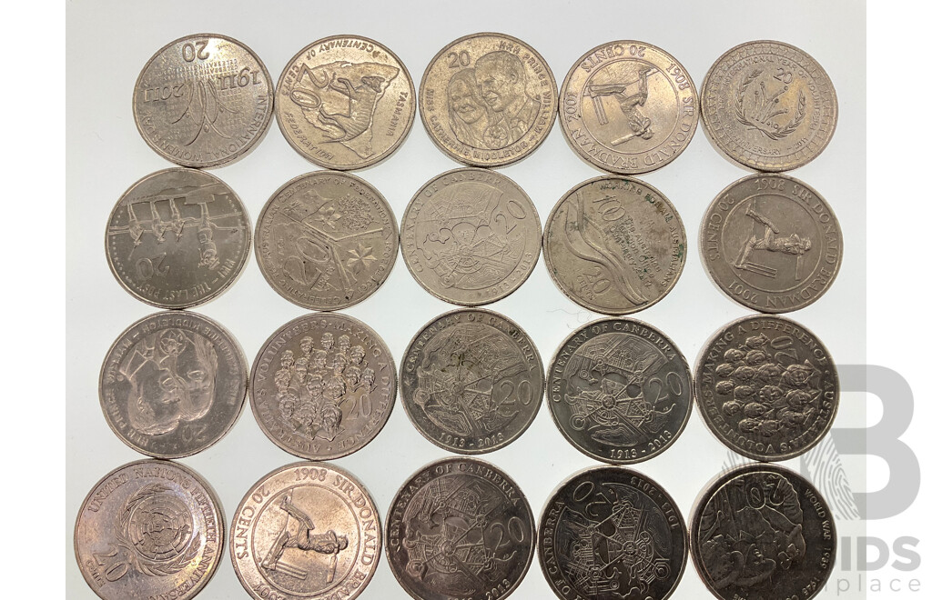 Thirty Australian Commemorative Twenty Cent Coins Including 2016 Fifty Years Decimal Currency, 2011 Year of Volunteers, 2001 Federation, 2011 Women's Day, 2015 Last Post, 2003 Volunteers and More