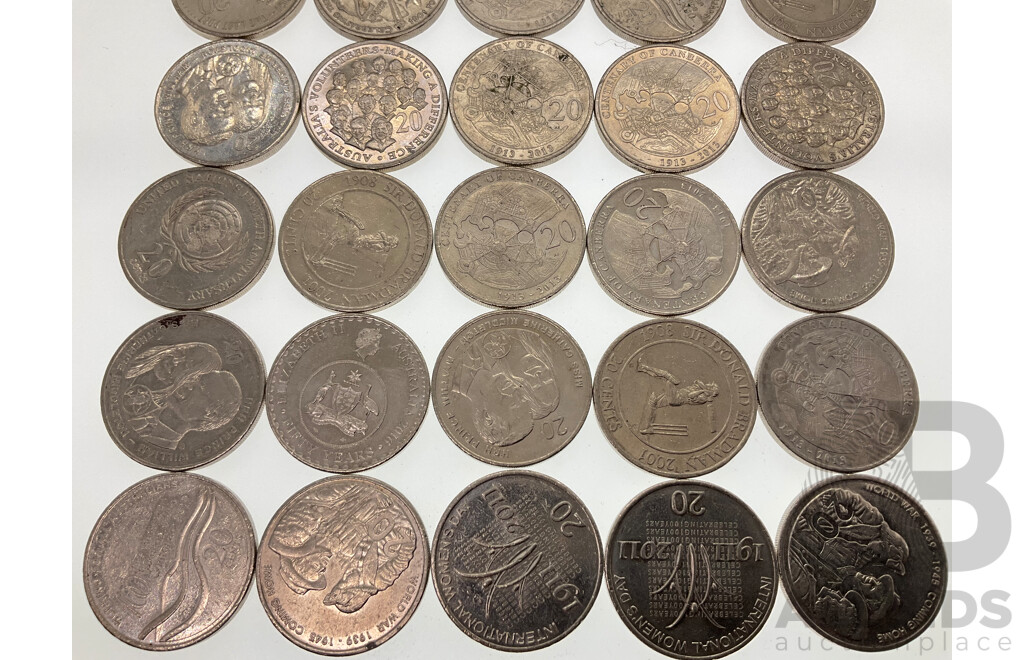 Thirty Australian Commemorative Twenty Cent Coins Including 2016 Fifty Years Decimal Currency, 2011 Year of Volunteers, 2001 Federation, 2011 Women's Day, 2015 Last Post, 2003 Volunteers and More