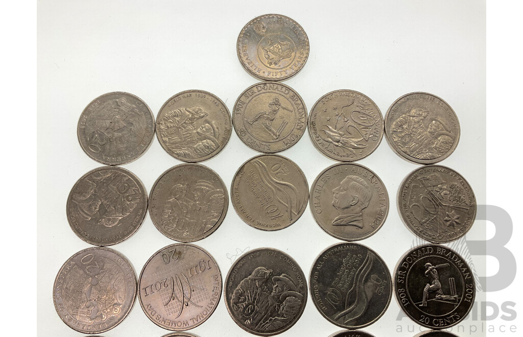 Thirty One Australian Twenty Cent Coins Including 2016 Fifty Years Decimal Currency, 2011 Women's Day, 2001 Bradman, 2001 Federation, 2005 Coming Home, 2010 Taxation Office and More