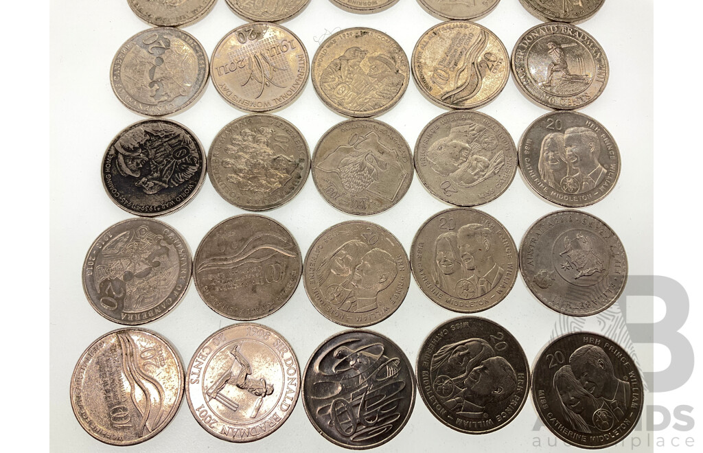 Thirty One Australian Twenty Cent Coins Including 2016 Fifty Years Decimal Currency, 2011 Women's Day, 2001 Bradman, 2001 Federation, 2005 Coming Home, 2010 Taxation Office and More