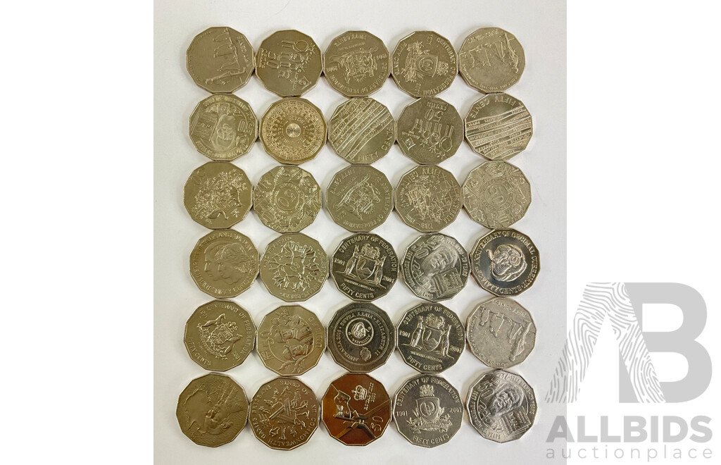 Thirty Australian Commemorative Fifty Cent Coins Including 2001 Federation, 2016 Fifty Years Decimal Currency, 2017 Mabo, 2000 Royal Visit, 2019 Year of Indigenous Language, 1970 Cook and More