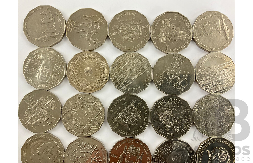 Thirty Australian Commemorative Fifty Cent Coins Including 2001 Federation, 2016 Fifty Years Decimal Currency, 2017 Mabo, 2000 Royal Visit, 2019 Year of Indigenous Language, 1970 Cook and More