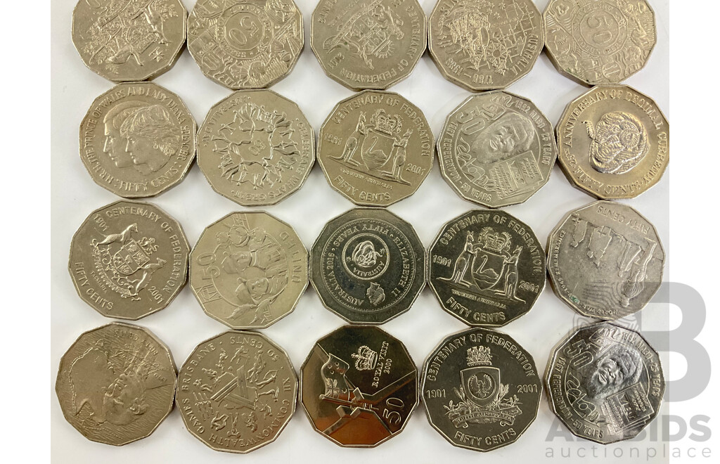 Thirty Australian Commemorative Fifty Cent Coins Including 2001 Federation, 2016 Fifty Years Decimal Currency, 2017 Mabo, 2000 Royal Visit, 2019 Year of Indigenous Language, 1970 Cook and More