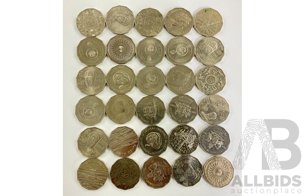 Thirty Australian Commemorative Fifty Cent Coins Including 2001 Federation, 2016 Fifty Years Decimal Currency, 1977 Jubilee, 2003 Volunteers, 2000 Millennium and More