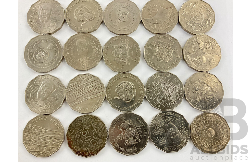 Thirty Australian Commemorative Fifty Cent Coins Including 2001 Federation, 2016 Fifty Years Decimal Currency, 1977 Jubilee, 2003 Volunteers, 2000 Millennium and More