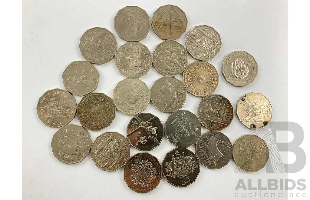 Collection of Fifty Cent Coins Including Australian Commemorative 2013 Coronation, 2000 Millennium, 1995 Dunlop, 2017 Mabo, 1994 Year of the Family, Fiji, UK Fifty Pence
