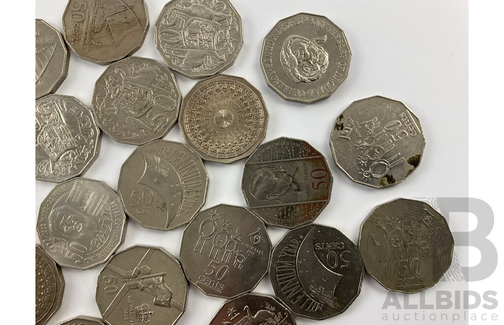 Collection of Fifty Cent Coins Including Australian Commemorative 2013 Coronation, 2000 Millennium, 1995 Dunlop, 2017 Mabo, 1994 Year of the Family, Fiji, UK Fifty Pence