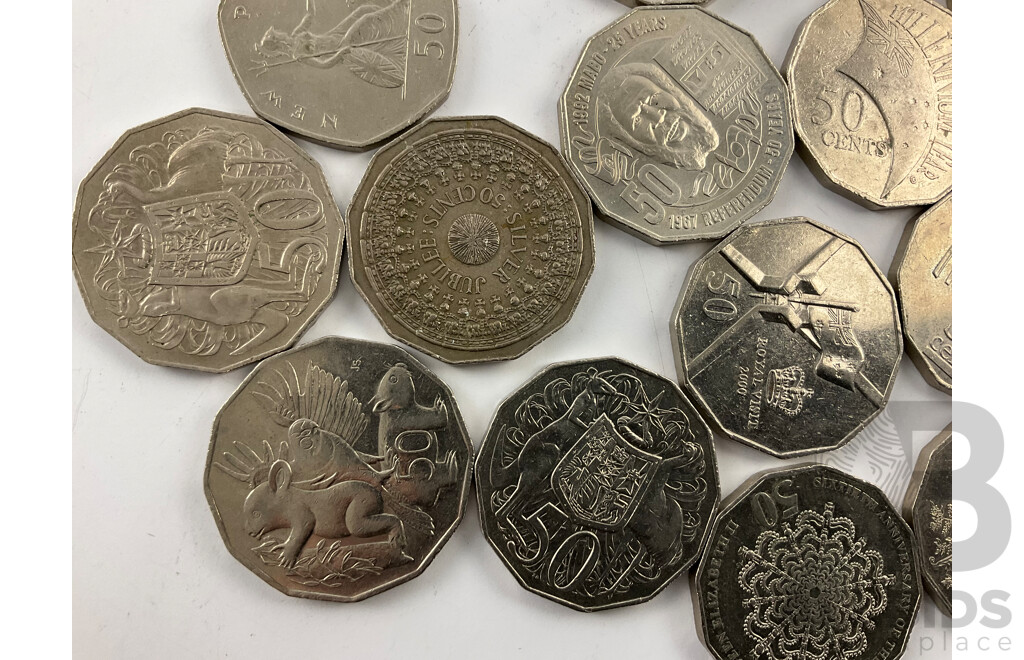 Collection of Fifty Cent Coins Including Australian Commemorative 2013 Coronation, 2000 Millennium, 1995 Dunlop, 2017 Mabo, 1994 Year of the Family, Fiji, UK Fifty Pence