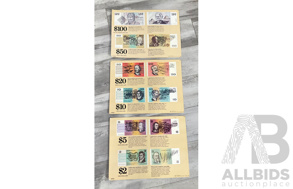 Three RN Industries Australian Paper Banknote Information Posters, Ex North Ainslie Primary School