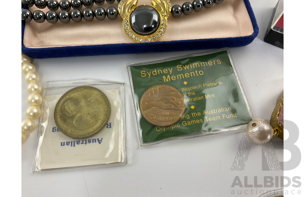 Australian Medallions Including Centenary of Federation, Sydney Swimmers Memento, ANZAC Day 2014 with Faux Pearl Necklace, Rose Quartz Pendant, Necklace with Matching Earrings and Silver Lead Zinc Ore Sample