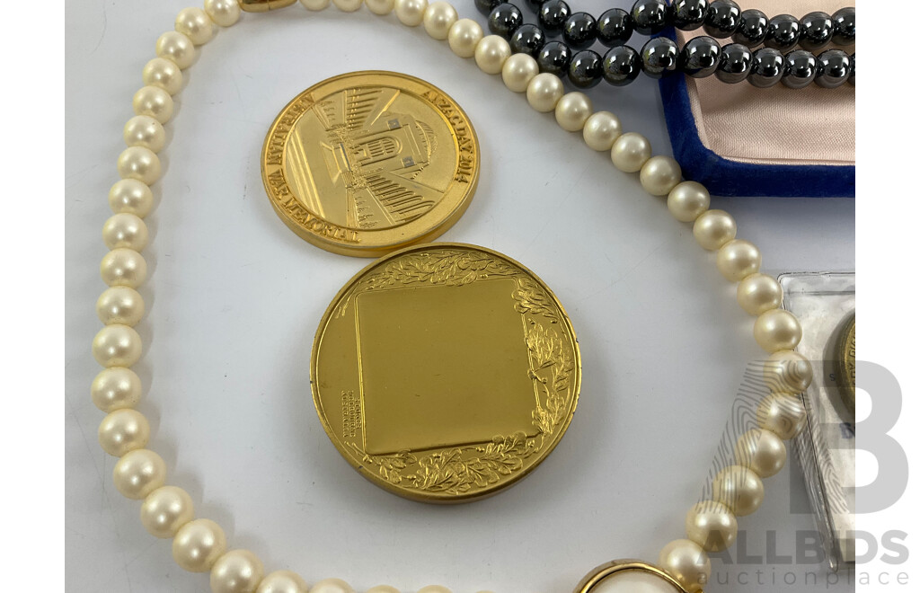 Australian Medallions Including Centenary of Federation, Sydney Swimmers Memento, ANZAC Day 2014 with Faux Pearl Necklace, Rose Quartz Pendant, Necklace with Matching Earrings and Silver Lead Zinc Ore Sample