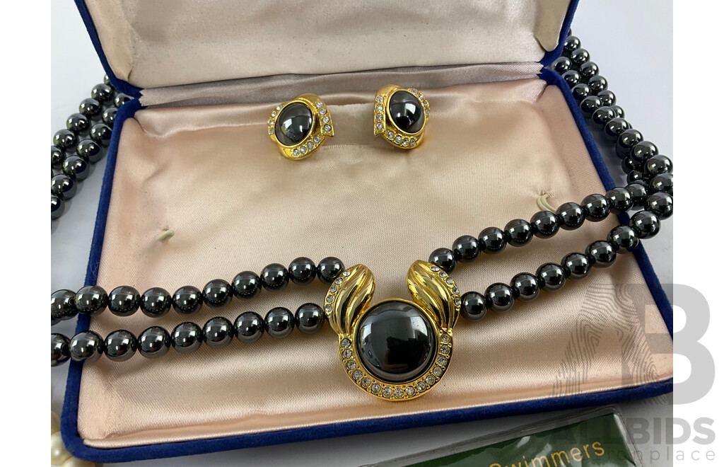 Australian Medallions Including Centenary of Federation, Sydney Swimmers Memento, ANZAC Day 2014 with Faux Pearl Necklace, Rose Quartz Pendant, Necklace with Matching Earrings and Silver Lead Zinc Ore Sample