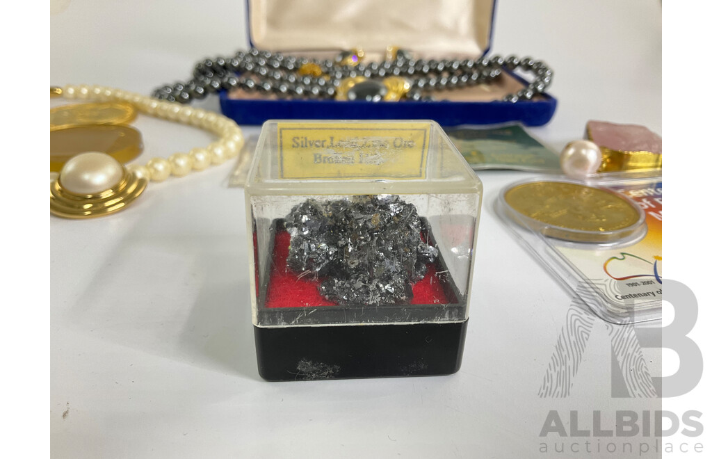 Australian Medallions Including Centenary of Federation, Sydney Swimmers Memento, ANZAC Day 2014 with Faux Pearl Necklace, Rose Quartz Pendant, Necklace with Matching Earrings and Silver Lead Zinc Ore Sample